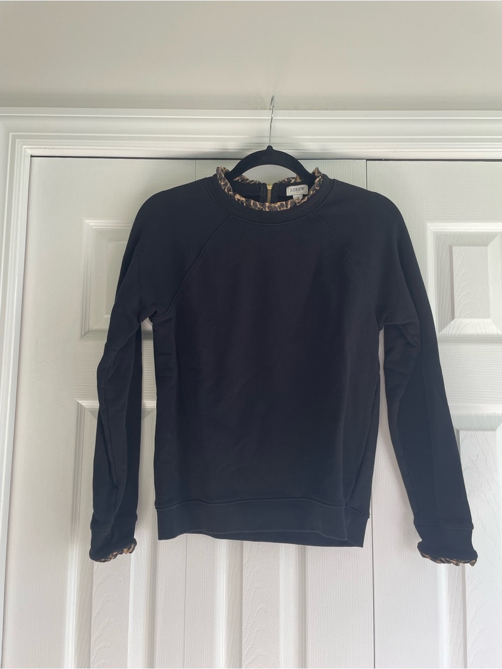 J. Crew Black Crewneck Sweater with Leopard Trim